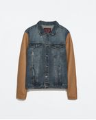 Zara Denim Jacket With Faux Leather Sleeves - Lyst