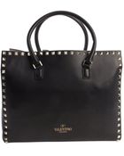 Valentino Black Leather Rockstud Top Handle Small Tote - Lyst