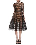Oscar de la Renta Long-Sleeve Lace Overlay Midi Dress - Lyst