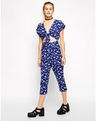 Asos Reclaimed Vintage Tie Front Bright Blue Daisy Print Jumpsuit - Lyst