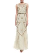 Aidan Mattox Sleeveless Beaded Sequin Deco Pattern Gown - Lyst