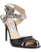 Jimmy Choo Black And Brown Leather And Snakeskin 'Marcia' Heel Sandals - Lyst