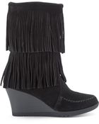 Minnetonka Black Fringe Wedge Boots - Lyst