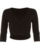 River Island Black 3/4 Sleeve Wrap Crop Top - Lyst