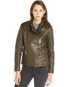 Vince Camuto Olive Green Leather Quilted Sleeve Asymmetrical Zip Jacket - Lyst