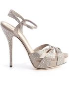 Gucci Taupe Satin And Suede Beaded Detail Strappy Sandals - Lyst