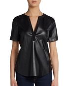 Twelfth Street Cynthia Vincent Printed Silk Paneled Faux Leather Top - Lyst