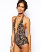 Asos Leopard Print Halter Plunge Swimsuit - Lyst