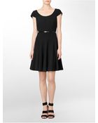Calvin Klein Cap Sleeve Pleated Belted Fit + Flare Dress - Lyst