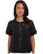 Rebecca Taylor Short Sleeve Silk Lace Inset Top - Lyst