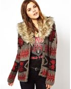 Ralph Lauren Printed Cardigan with Faux Fur Collar - Lyst