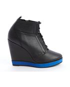 Nanette Lepore Black And Navy Leather Lace Up Wedge Heel Booties - Lyst