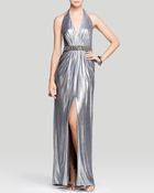 Aidan Mattox Gown - Plunge V-Neck Halter Neck Metallic Beaded Waist - Lyst