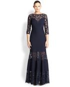 Tadashi Shoji Pintucked Jersey & Lace Gown - Lyst