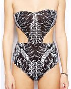 Asos Monochrome Feather Print Swimsuit - Lyst