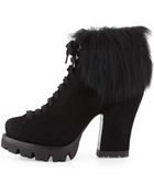 Prada Fur-Trim Suede Lace-Up Ankle Boot - Lyst