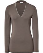 Brunello Cucinelli Cotton-Blend Long Sleeve V-Neck Top - Lyst