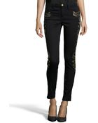 Marchesa Voyage Black And Gold Embroidered Stretch Cotton Skinny Jeans - Lyst