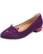 Charlotte Olympia Kitty Cat-Embroidered Spike-Heel Flat - Lyst
