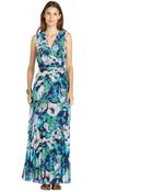 Donna Morgan Blue And Green Floral Printed Pleated Chiffon Mock Wrap Maxi Dress - Lyst
