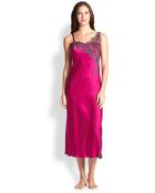 Josie Natori Lolita Lace-Trimmed Silk Satin Long Gown - Lyst