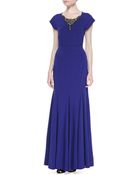 Zac Zac Posen Short-Sleeve Embellished-Neck Gown - Lyst