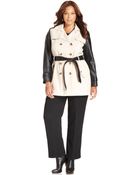 Jones New York Collection Plus Size Faux-Leather-Sleeve Trench Coat - Lyst