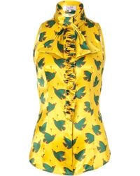 L'Wren Scott Chartreuse/Green Bird Printed Silk Top With Ruffle - Lyst