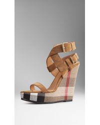 Burberry Canvas Check Suede Platform Wedges - Lyst