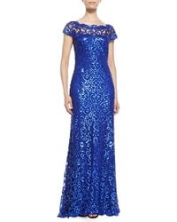 Tadashi Shoji Cap-Sleeve Sequined Lace Gown - Lyst