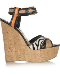 Brian Atwood Isotta Leather, Raffia And Calf Hair Wedge Sandals - Lyst