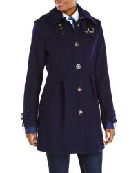Eliza J Navy Single-Breasted Pleated Peacoat - Lyst