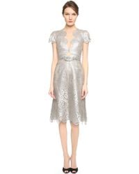 Marchesa Metallic Lace Dress - Silver - Lyst