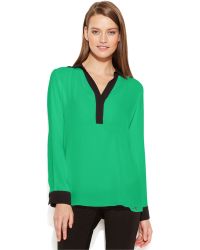 Calvin Klein Long-Sleeve Contrast-Trim Blouse - Lyst