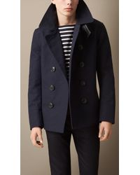 Burberry Leather Detail Bonded Cotton Pea Coat - Lyst
