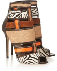Brian Atwood Irya Leather, Raffia And Calf Hair Ankle Boots - Lyst