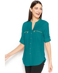 Calvin Klein Roll-Tab-Sleeve Zip-Pocket Blouse - Lyst