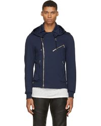 Balmain Navy Jersey Hooded Biker Jacket - Lyst