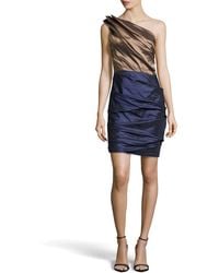 Halston Heritage Ruched One-Shoulder Two-Tone Dress - Lyst