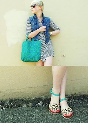 Leopard-print sandals + striped mini dress