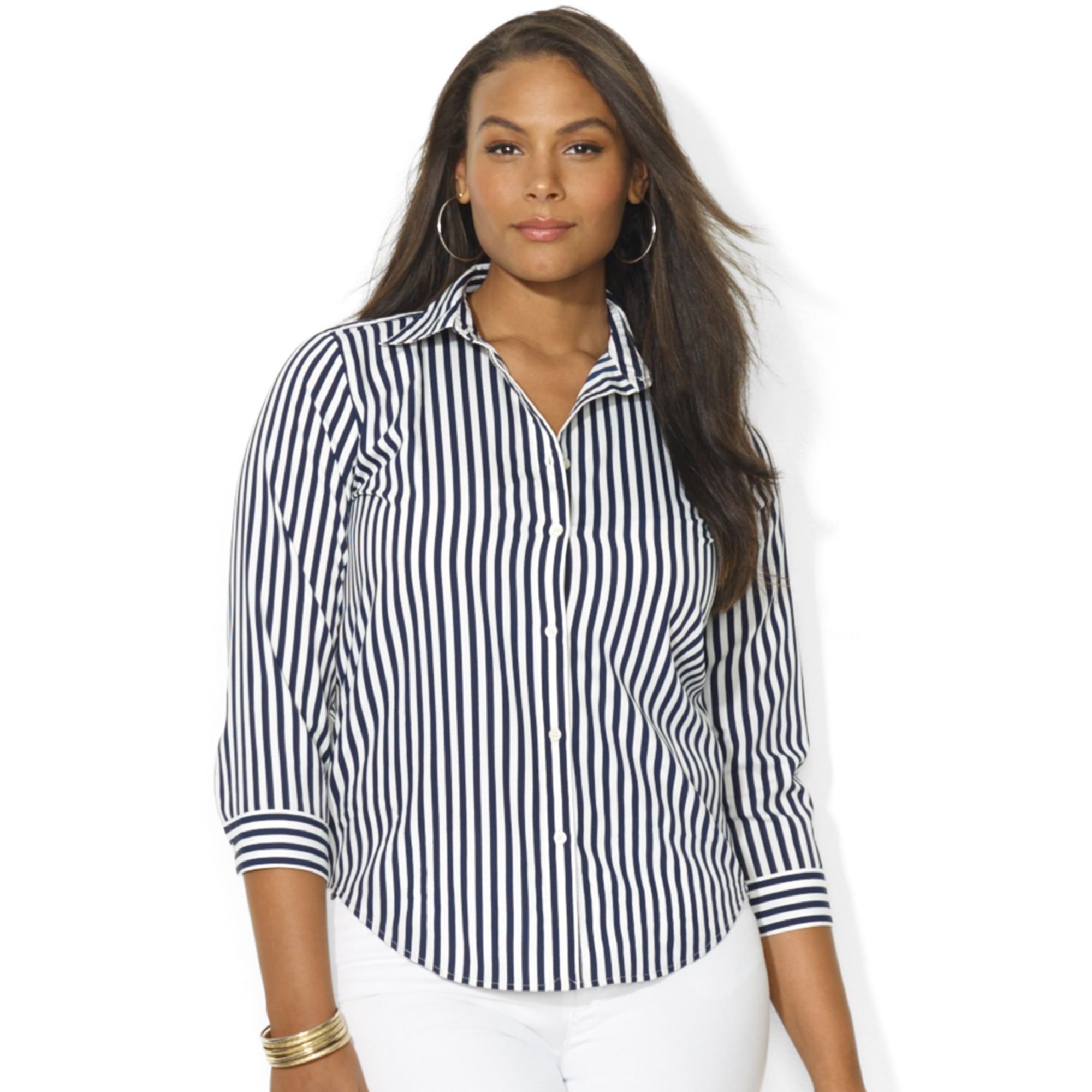 Lauren By Ralph Lauren Plus Size Threequartersleeve Striped Shirt in