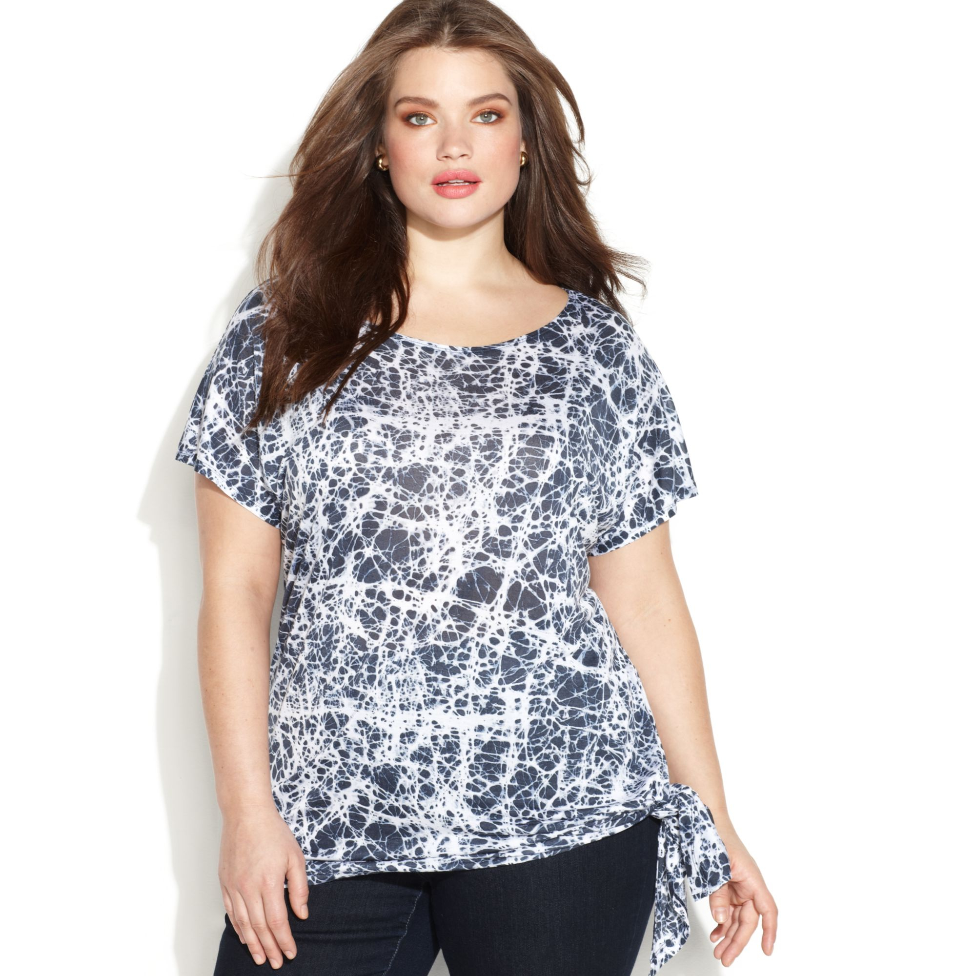 Michael Kors Plus Size Flutter Sleeve Printed Side Tie Top in White