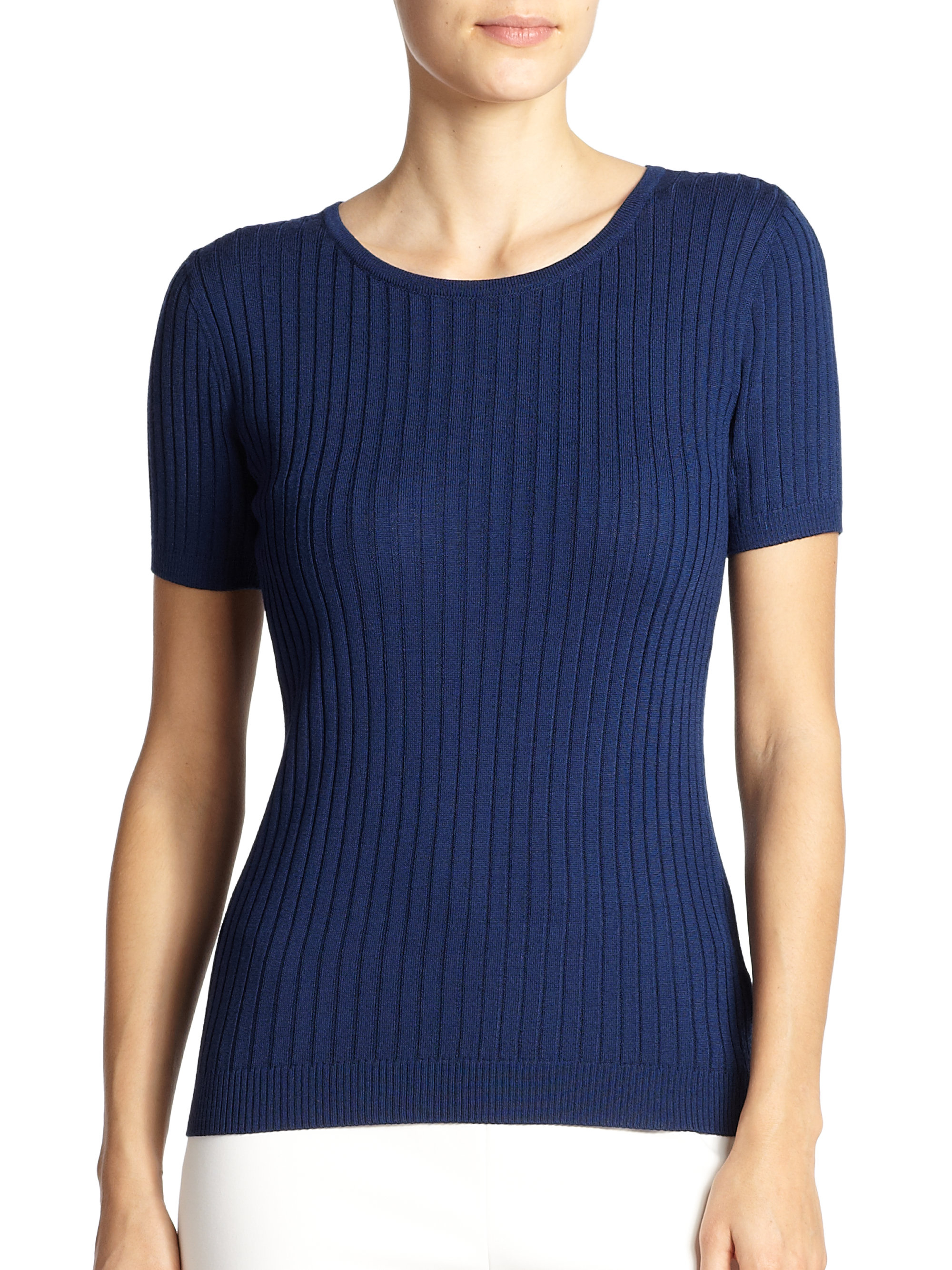 St. John RibKnit Top in Blue Lyst