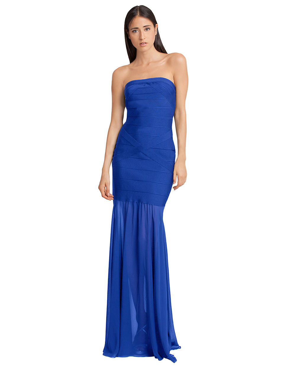 blue strapless gowns