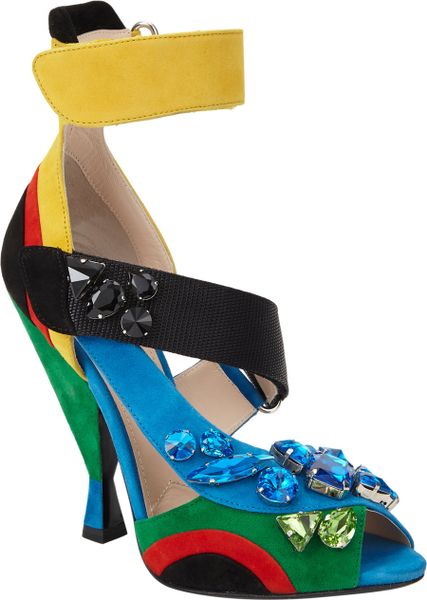 Prada Jeweled Asymmetrical Anklestrap Sandals in Multicolor | Lyst