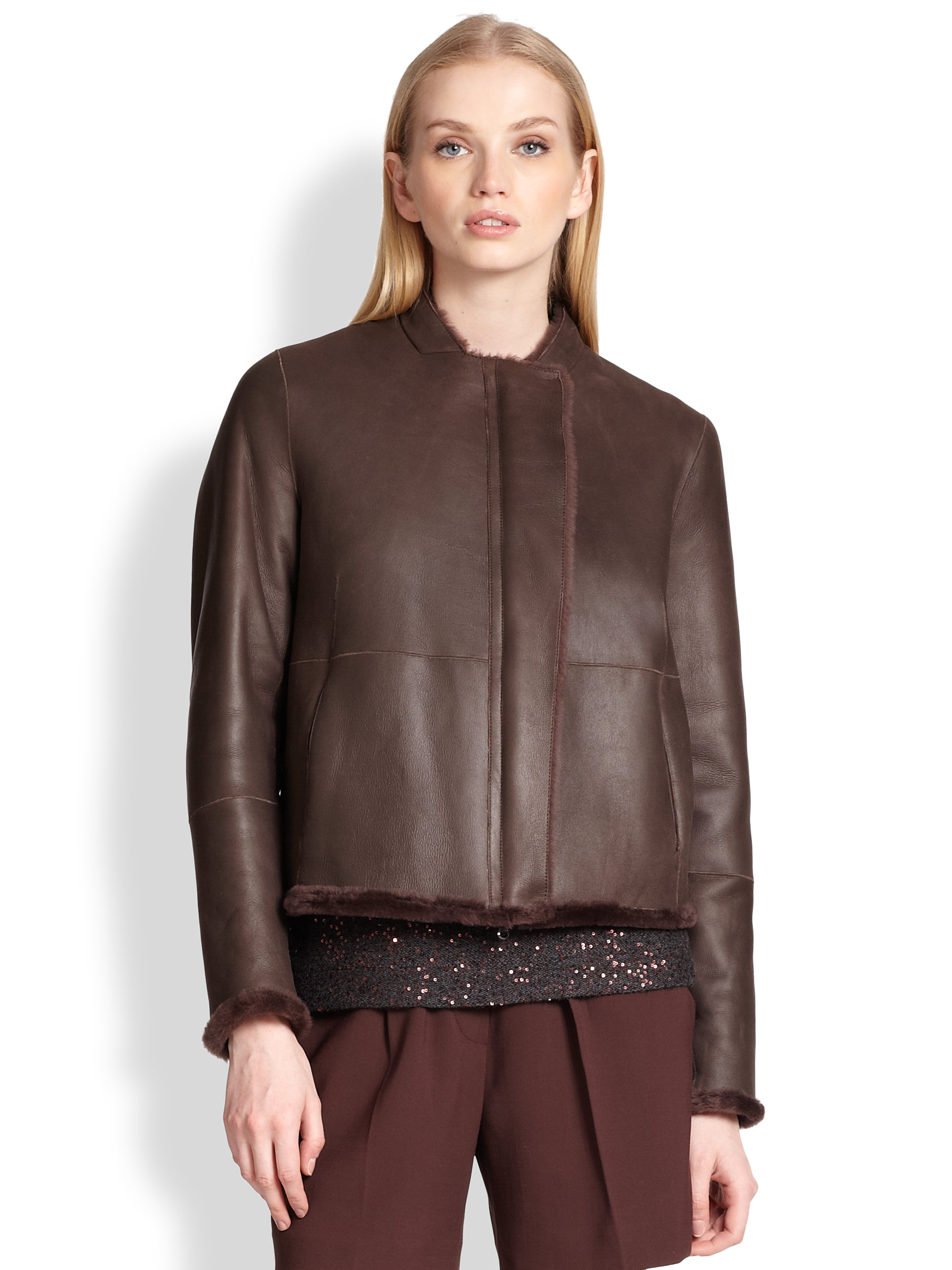 Brunello Cucinelli Reversible Shearling Leather Jacket in Brown