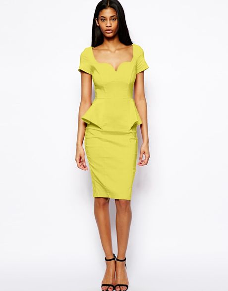 -yellow-pencil-dress-with-peplum-and-sweetheart-neck-cocktail-dresses ...