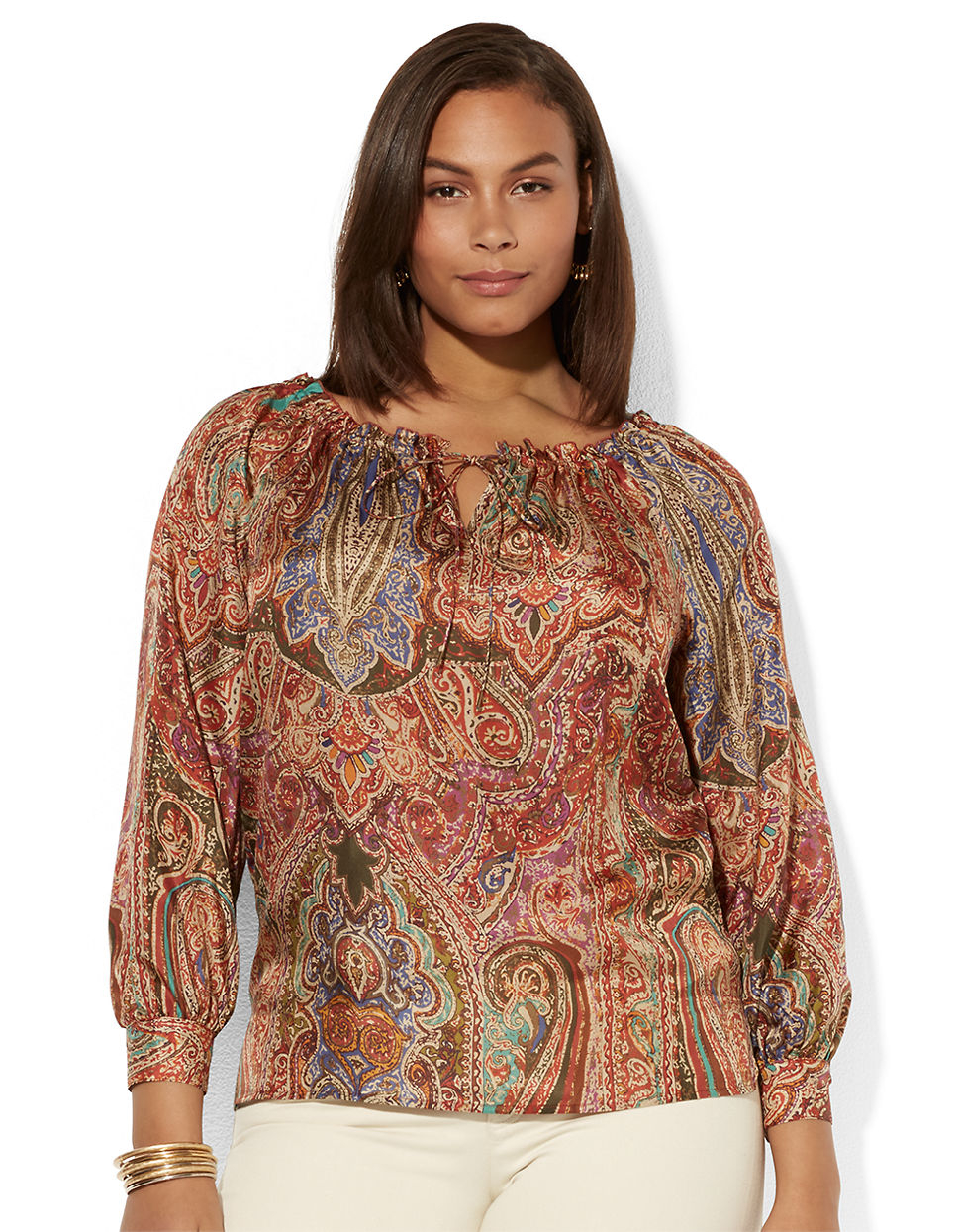 Lauren By Ralph Lauren Plus Off The Shoulder Silk Top in Red (Red Multi