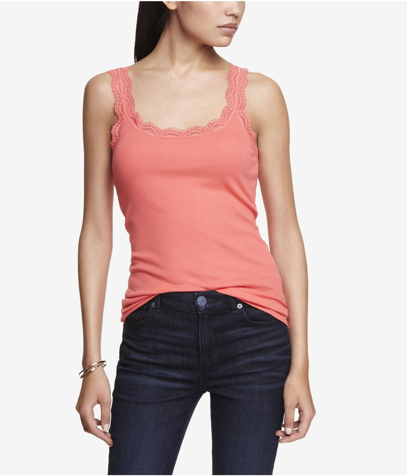 Express Lace Trimmed Ribbed Tank In Pink Cannes Lyst