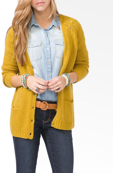 Forever 21 Woolblend Metal Button Cardigan in Yellow (Mustard) | Lyst